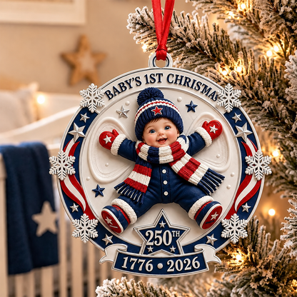 Baby's First Christmas Acrylic Ornament – America 250th Anniversary Christmas Gift for New Moms, New Dads & New Parents – Wrapped in Love and Freedom