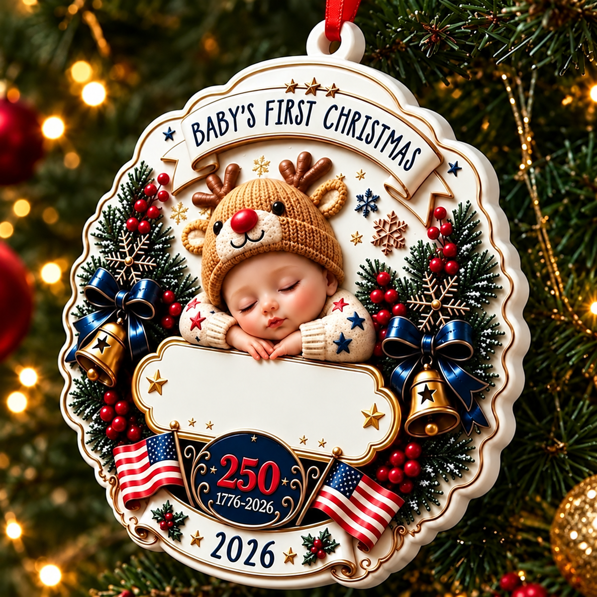 Baby's First Christmas Acrylic Ornament – America 250th Anniversary Christmas Gift for New Moms, New Dads & New Parents – Wrapped in Love and Freedom