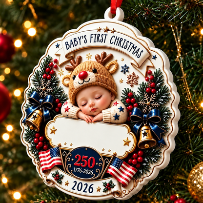 Baby's First Christmas Acrylic Ornament – America 250th Anniversary Christmas Gift for New Moms, New Dads & New Parents – Wrapped in Love and Freedom