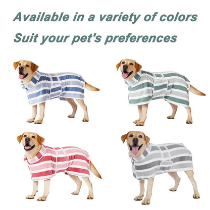 Quick-Drying Dog Bathrobe - Striped Super Absorbent Pet Towel Robe with Adjustable Belly Band