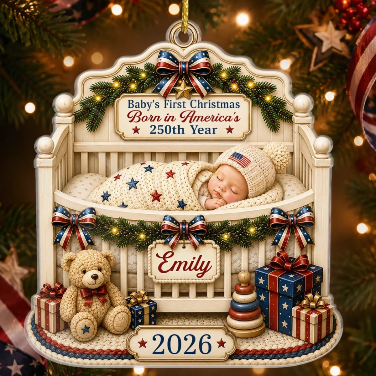 Baby's First Christmas Acrylic Ornament – America 250th Anniversary Christmas Gift for New Moms, New Dads & New Parents – Wrapped in Love and Freedom