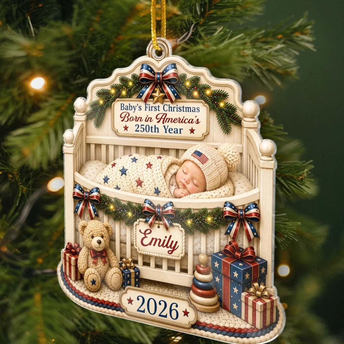 Baby's First Christmas Acrylic Ornament – America 250th Anniversary Christmas Gift for New Moms, New Dads & New Parents – Wrapped in Love and Freedom