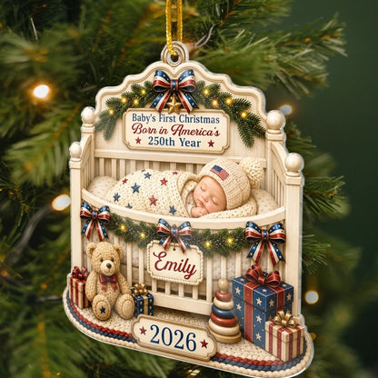 Baby's First Christmas Acrylic Ornament – America 250th Anniversary Christmas Gift for New Moms, New Dads & New Parents – Wrapped in Love and Freedom