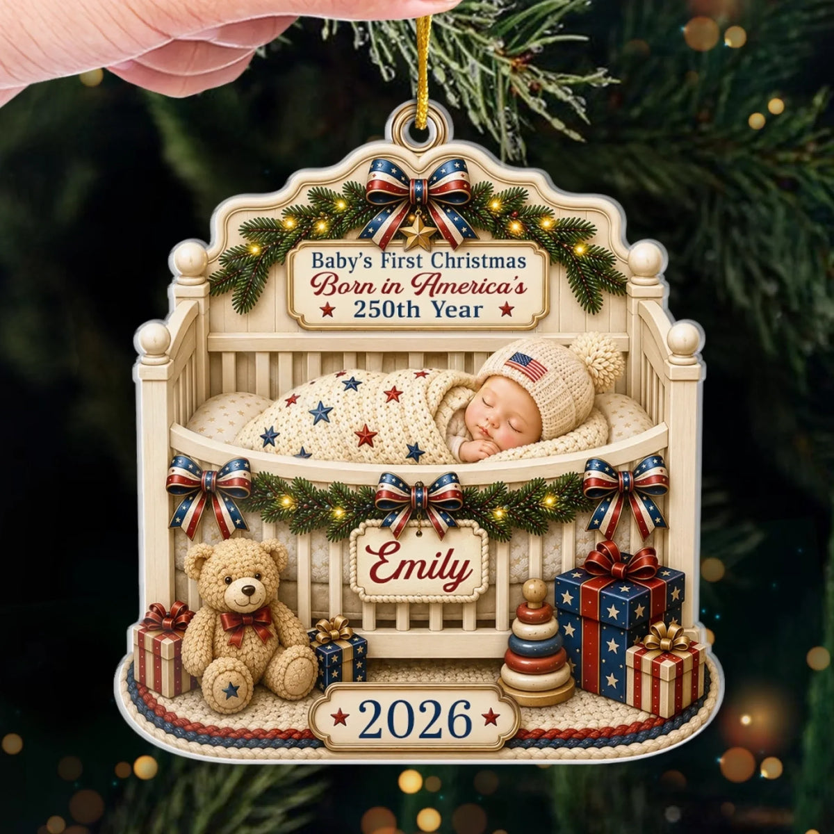 Baby's First Christmas Acrylic Ornament – America 250th Anniversary Christmas Gift for New Moms, New Dads & New Parents – Wrapped in Love and Freedom