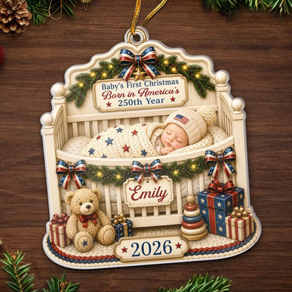Baby's First Christmas Acrylic Ornament – America 250th Anniversary Christmas Gift for New Moms, New Dads & New Parents – Wrapped in Love and Freedom