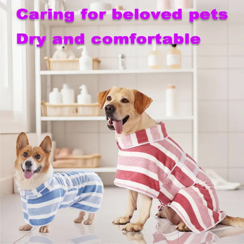 Quick-Drying Dog Bathrobe - Striped Super Absorbent Pet Towel Robe with Adjustable Belly Band